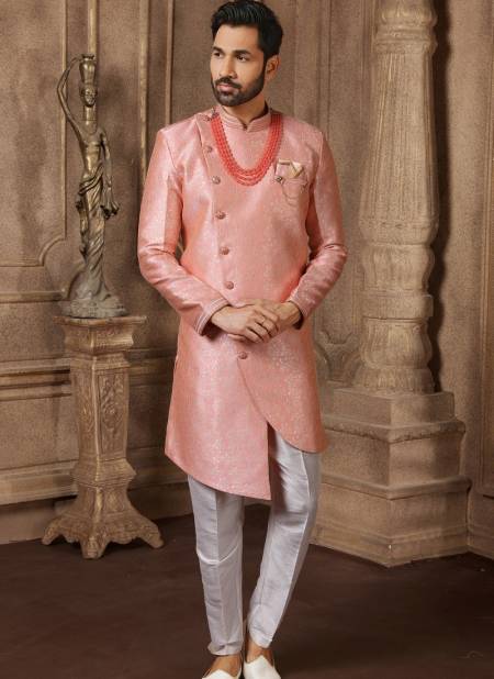 Dark Pink Colour New Party Wear Jacquard Silk Digital Print Indo Western Mens Collection 9228